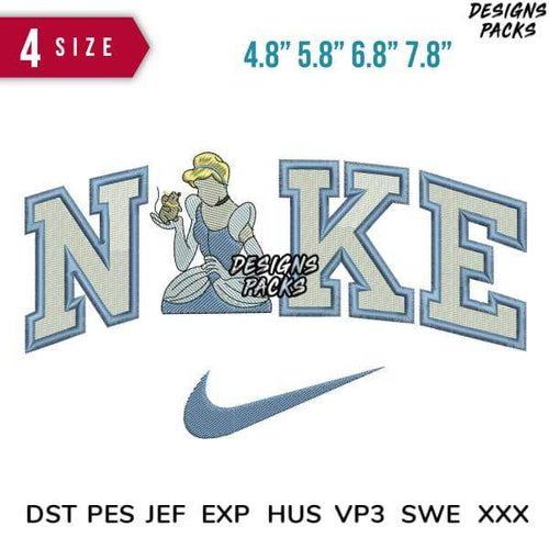 Embroidery design featuring Cinderella in Nike-style lettering, available in PES, DST, EXP formats for instant download.
