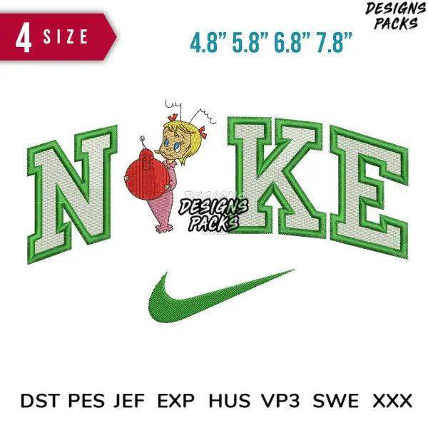 Embroidery design featuring 'NIKE' in green outlined letters with cartoon girl, available in multiple sizes and formats