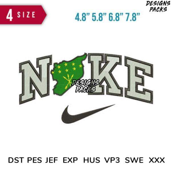 Embroidery design with 'NOKE' text, green map, and swoosh, available in multiple sizes and formats
