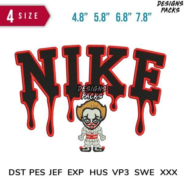 Embroidery design featuring dripping 'NIKE' text with clown character, available in multiple sizes and formats
