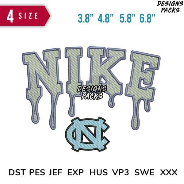 Nike drip effect embroidery design with UNC logo, available in 4 sizes and multiple file formats for instant download.