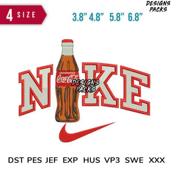 Coca-Cola bottle with Nike logo embroidery design in 4 sizes, print-ready formats for DTG, DTF, embroidery