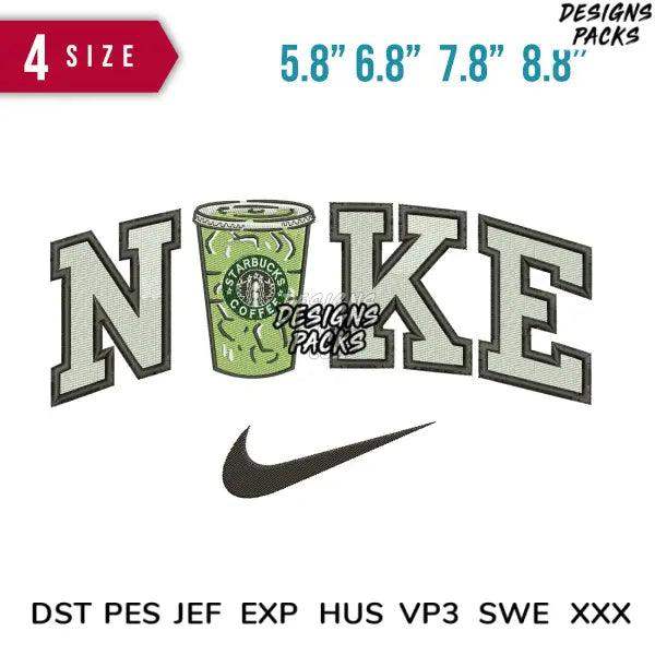 Embroidery design featuring 'NIKE' with Starbucks cup, available in multiple sizes and formats