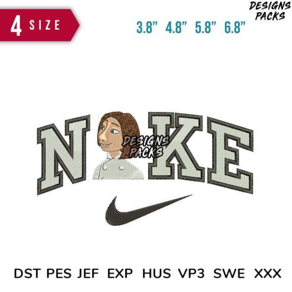 Embroidery design with 'NAKE' text, chef character, Nike swoosh, available in 4 sizes & multiple formats