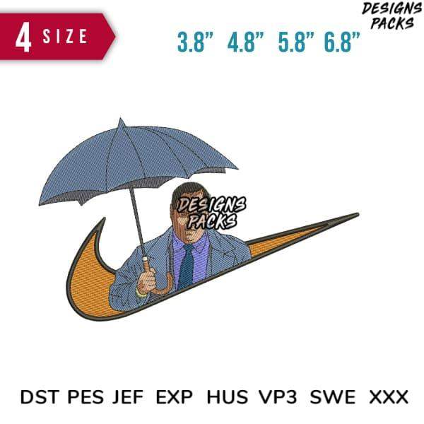 Embroidery design featuring a man with umbrella inside Nike swoosh, available in multiple sizes and formats.