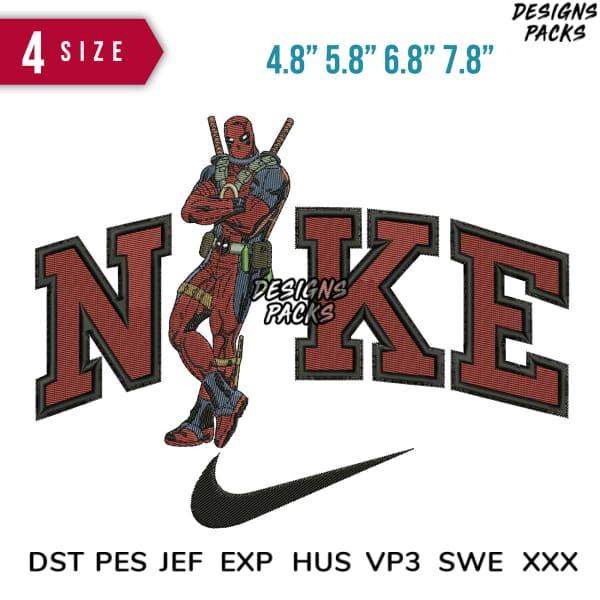 Deadpool embroidery design with Nike-style lettering, 4 sizes, DST PES JEF formats