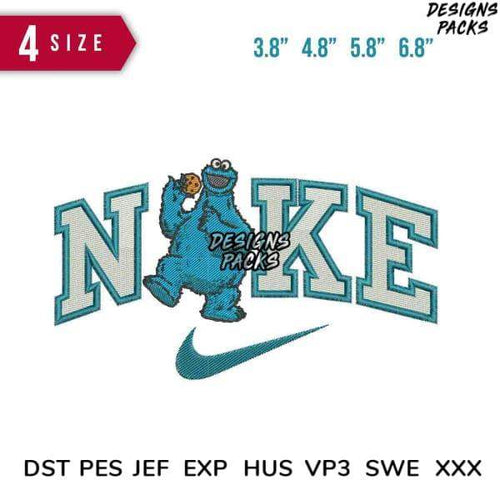 Cookie Monster embroidery design with Nike-style lettering, available in 4 sizes and multiple formats