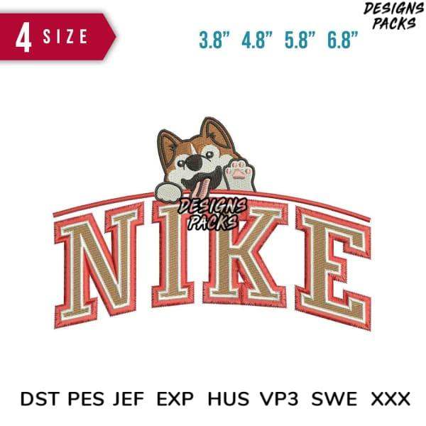 Cute dog peeking over arched 'NIKE' embroidery design in 4 sizes, compatible with DST PES JEF formats