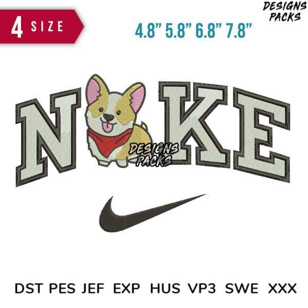 Corgi dog in red bandana with 'NOKE' lettering, embroidery design in 4 sizes, compatible with DST PES JEF formats