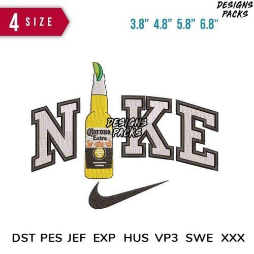 Embroidery design featuring Corona Extra bottle with Nike-style lettering, available in multiple sizes and formats