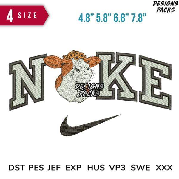 Embroidery design featuring cow head with sunflowers in 'NOKE' text, Nike swoosh, 4 sizes, DST PES JEF formats