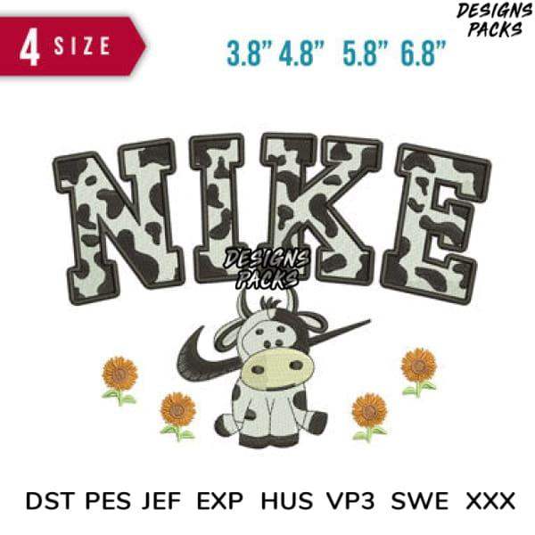 Cow print Nike-style embroidery design with sunflowers, available in multiple sizes and formats