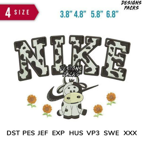 Cow print Nike-style embroidery design with sunflowers, available in multiple sizes and formats