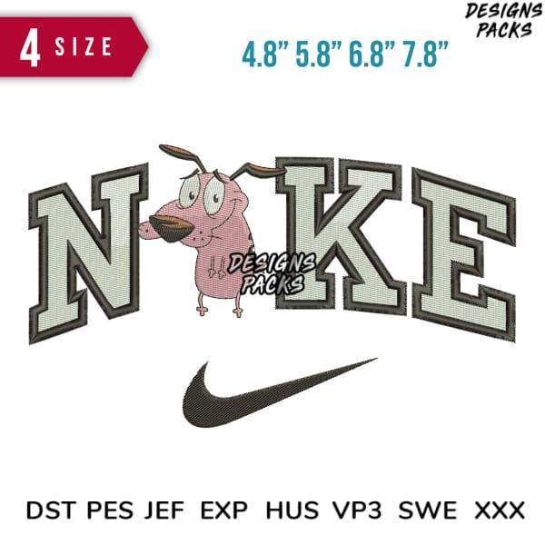 Embroidery design featuring cartoon dog with 'NIKE' text and swoosh, available in multiple sizes and formats