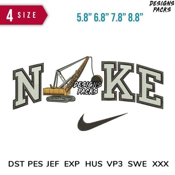 Embroidery design with 'NAKE' text, excavator graphic, and Nike swoosh in 4 sizes, compatible with DST PES JEF formats