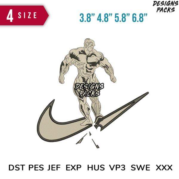 Muscular figure standing on Nike swoosh, embroidery design pack with multiple sizes and formats
