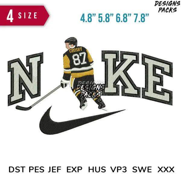 Hockey player embroidery design with Nike swoosh, 4 sizes, DST PES JEF formats