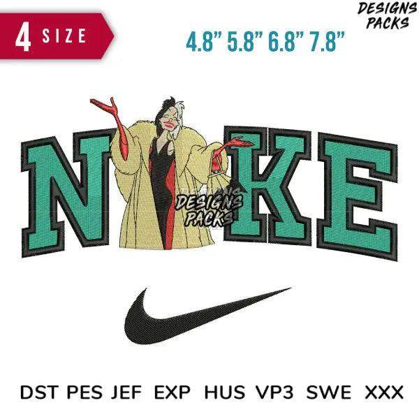 Cruella-inspired embroidery design with 'NIKE' lettering, 4 sizes, DST PES formats for instant download