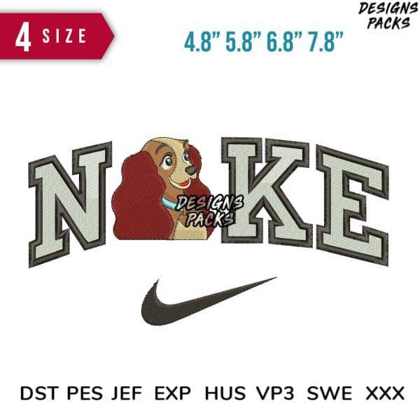 Embroidery design featuring a dog in 'NOKE' text with Nike swoosh, available in multiple sizes and formats