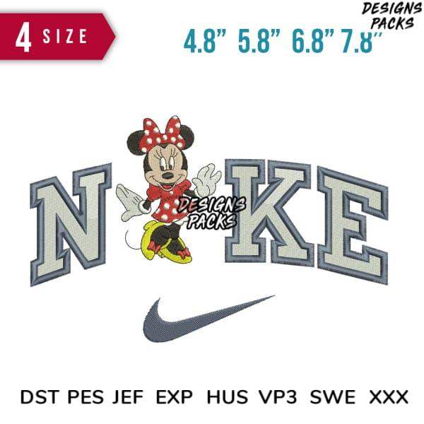 Minnie Mouse Nike embroidery design in 4 sizes, print-ready DST PES JEF formats for apparel