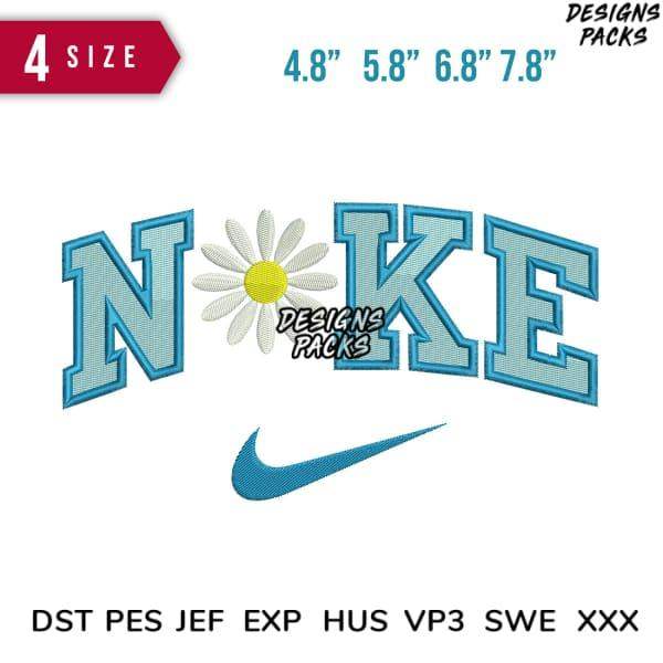 Embroidery design with 'NOKE' text, daisy flower, and swoosh logo in blue, available in multiple sizes and formats
