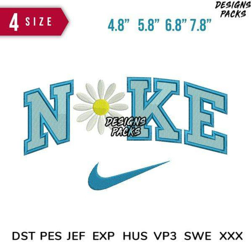 Embroidery design with 'NOKE' text, daisy flower, and swoosh logo in blue, available in multiple sizes and formats