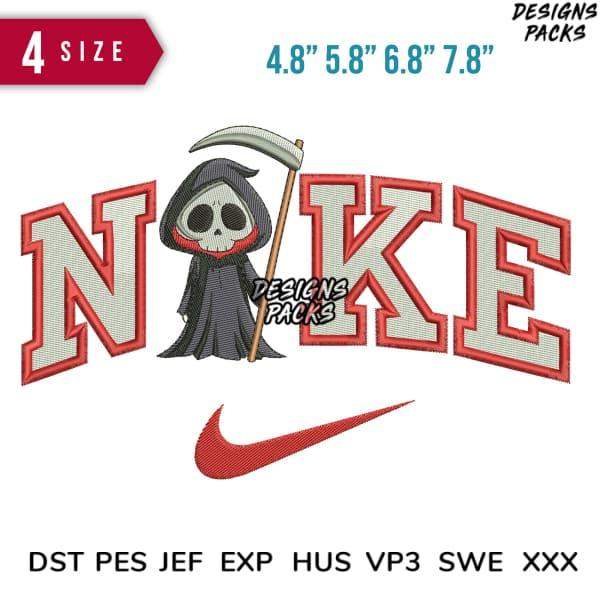 Embroidery design featuring grim reaper with 'NOKE' text and Nike swoosh, 4 sizes, DST PES formats