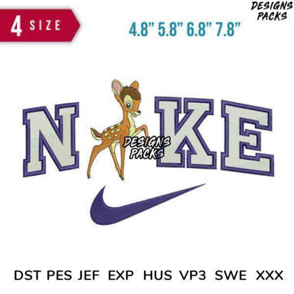 Bambi-inspired embroidery design with Nike-style text and swoosh, available in multiple sizes and formats