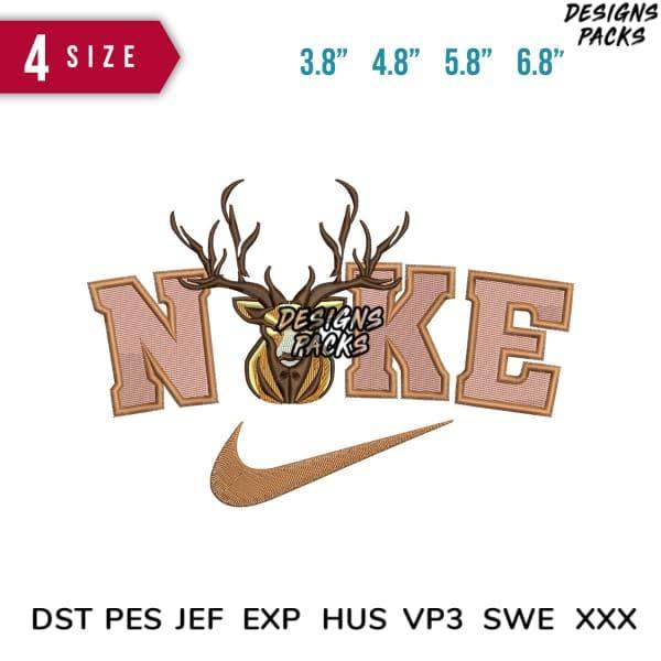 Deer head embroidery design with 'NOKE' text and swoosh, 4 sizes, PES DST formats for instant download