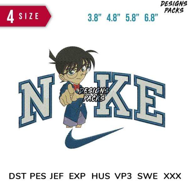 Embroidery design featuring anime character with Nike-style lettering, available in 4 sizes and multiple formats