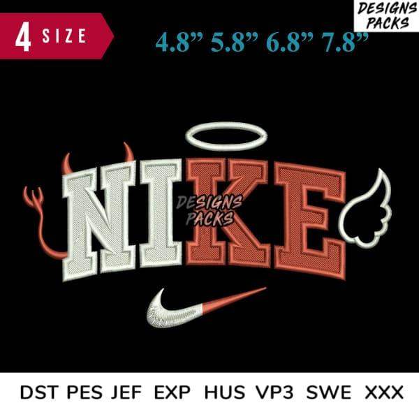 Embroidery design with devil horns, angel wings, halo on Nike logo, 4 sizes, PES DST formats