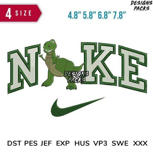 Green dinosaur embroidery design with Nike-style text and swoosh, available in multiple sizes and formats