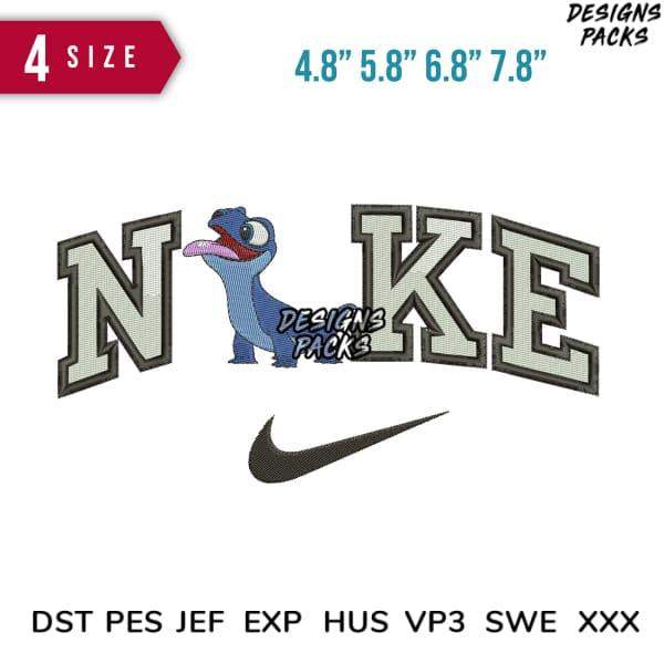 Embroidery design with cartoon dinosaur and 'NIKE' text in 4 sizes, compatible with DST PES JEF formats