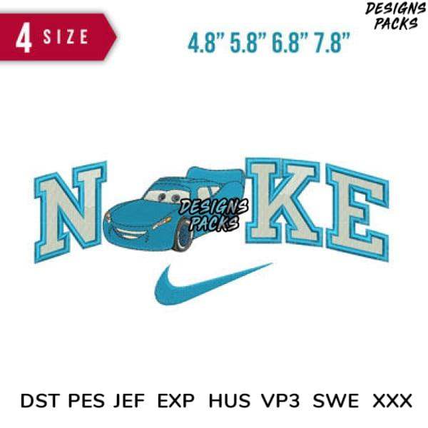 Blue car with Nike logo embroidery design in multiple sizes, compatible with DST, PES, JEF formats