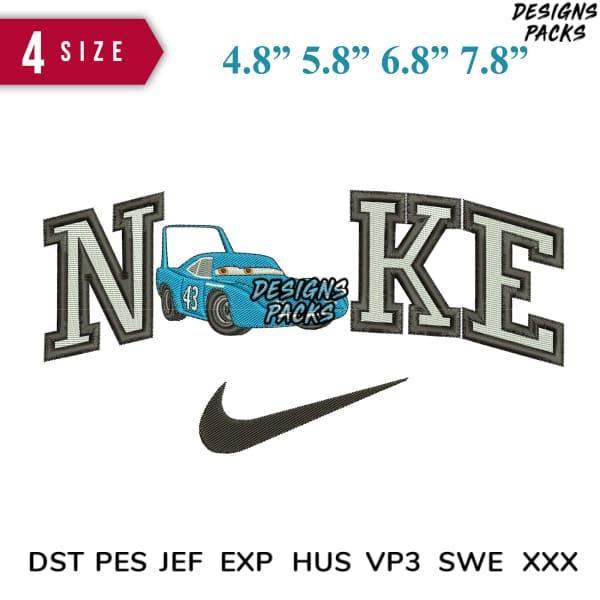 Embroidery design featuring 'NIKE' text with blue race car, available in multiple sizes and formats