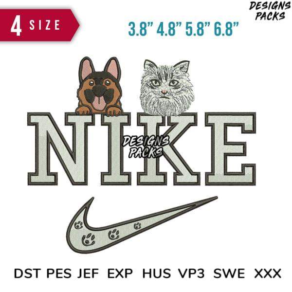 Embroidery design featuring dog, cat, and Nike logo with paw prints, available in multiple sizes and formats.