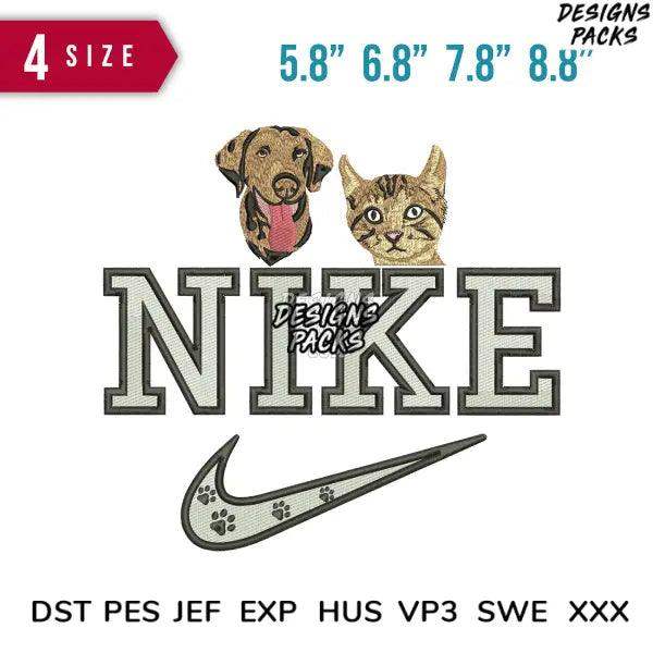 Embroidery design featuring dog, cat, and Nike-style logo with paw prints, available in multiple sizes and formats