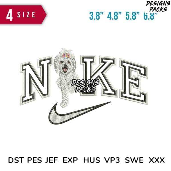 Embroidery design featuring a dog in 'NOKE' lettering with Nike swoosh, available in PES, DST, EXP formats
