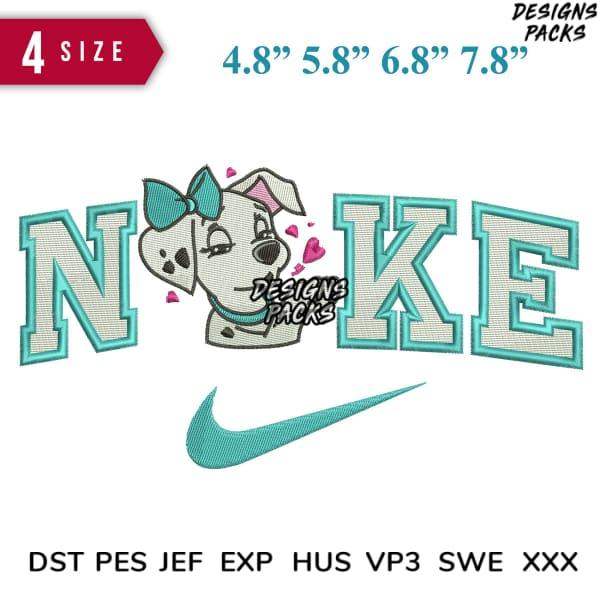 Cute dog with bow and Nike-style text embroidery design in multiple sizes and formats