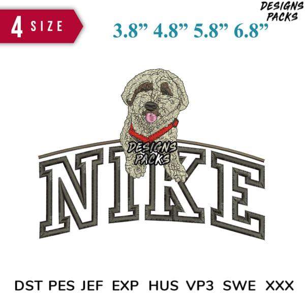 Cute dog embroidery design with arched 'NIKE' text, available in 4 sizes and multiple file formats for instant download.