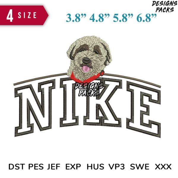 Embroidery design of a dog with Nike-style arch text, available in 4 sizes and multiple file formats