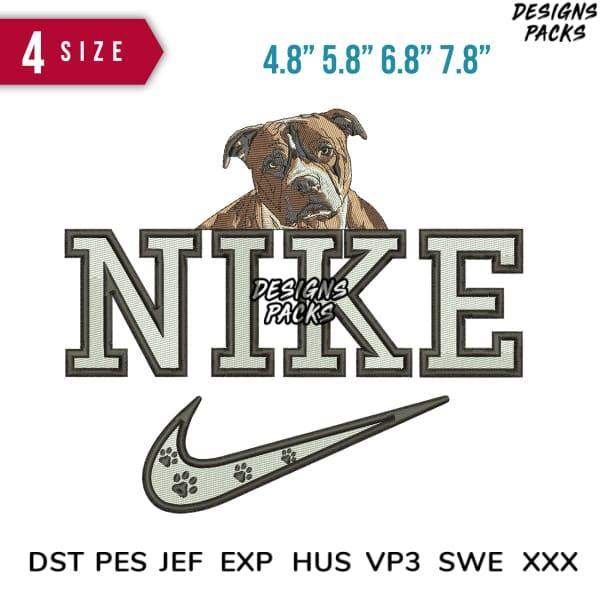 Embroidery design featuring dog with Nike-style text and swoosh, paw prints, 4 sizes, DST PES formats