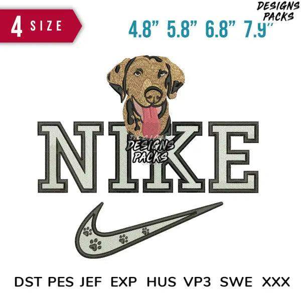 Embroidery design of dog with Nike-style text and swoosh, available in 4 sizes and multiple file formats
