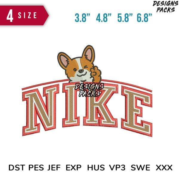 Cute corgi peeking over embroidered 'NIKE' lettering in 4 sizes, PES DST formats for embroidery machines