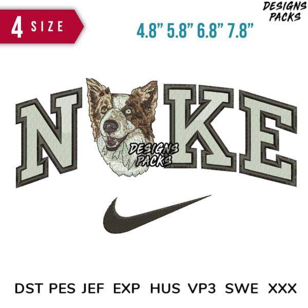 Embroidery design featuring dog face in 'NOKE' text with Nike swoosh, 4 sizes, DST PES JEF formats
