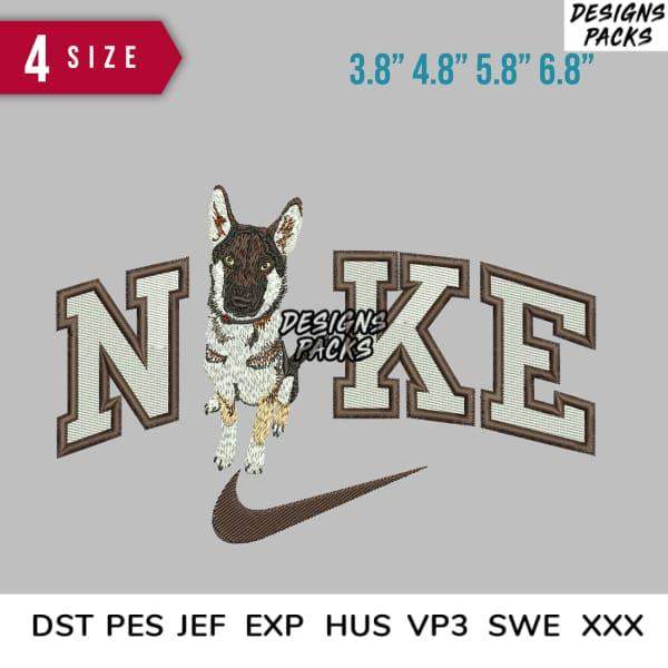 Embroidery design of dog in Nike-style lettering, 4 sizes, PES DST formats