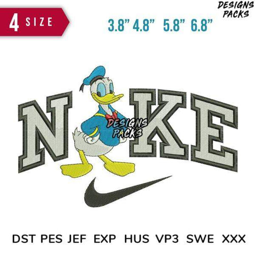 Donald Duck Nike-style embroidery design in 4 sizes, compatible with DST PES JEF formats for instant download