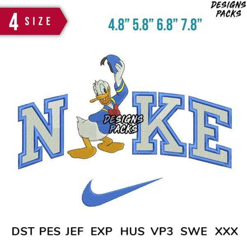 Donald Duck embroidery design with Nike logo, 4 sizes, DST PES formats, print-ready for apparel