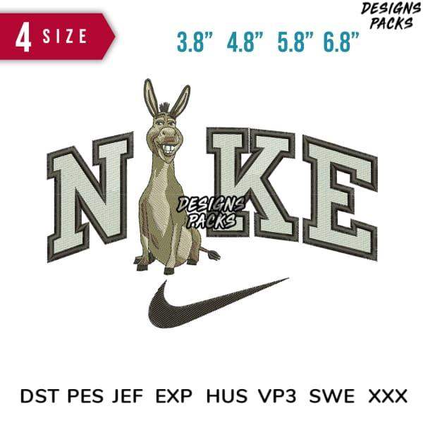 Embroidery design featuring donkey with 'NIKE' text, available in multiple sizes and formats