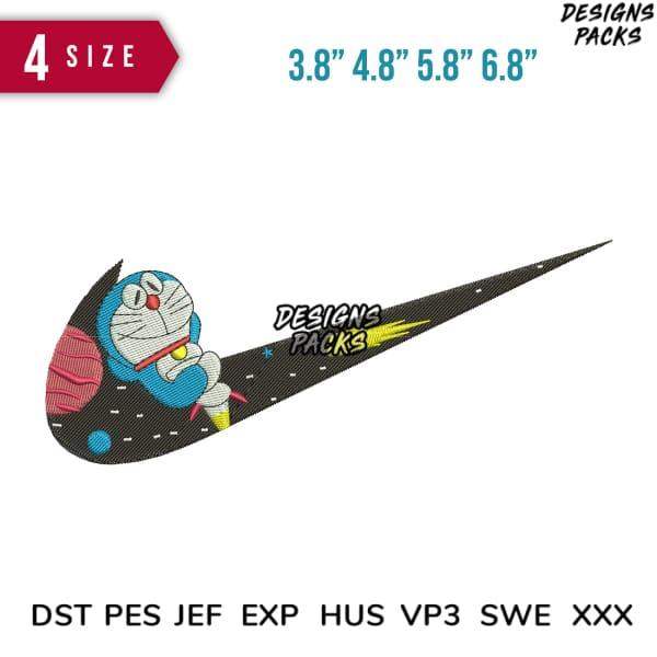 Doraemon embroidery design in Nike swoosh style, 4 sizes, DST PES formats, print-ready for DTG or DTF